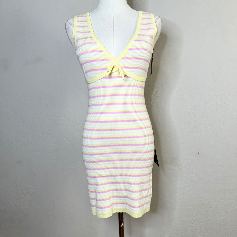 Lulus Striped Ribbed Knit Bodycon Mini Dress Yellow Pink White‎ XS NWT Snag